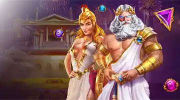 Image featuring two mythological figures, Zeus and Athena, promoting the Admiral Drops & Wins tournament with fireworks and ancient Greek architecture in the background.