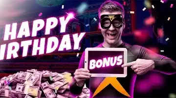 Image featuring a person in a superhero costume promoting the AdmiralX birthday bonus with a cheerful expression, holding a tablet that displays the word BONUS against a background of confetti and money stacks.