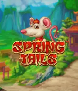 A charming illustration of a mouse dressed in traditional Chinese attire standing in a scenic landscape with mountains. The image represents the Spring Tails Slot by Betsoft, highlighted with bold red and gold logo text.