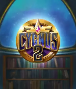 Explore the captivating artwork of Cygnus 2 Slot by ELK Studios, featuring a luxurious golden emblem with a shining design in purple and gold. With a backdrop of a starlit library setting, this image evokes the theme of adventure and mystery. 