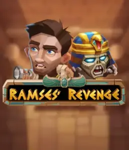 Dive into the mysterious world of the Ramses' Revenge game by Relax Gaming, showcasing a surprised explorer and a terrifying mummy against an Egyptian tomb backdrop. This graphic depicts the adventure of ancient Egyptian myths, great for adventure seekers, providing a captivating gaming experience. 